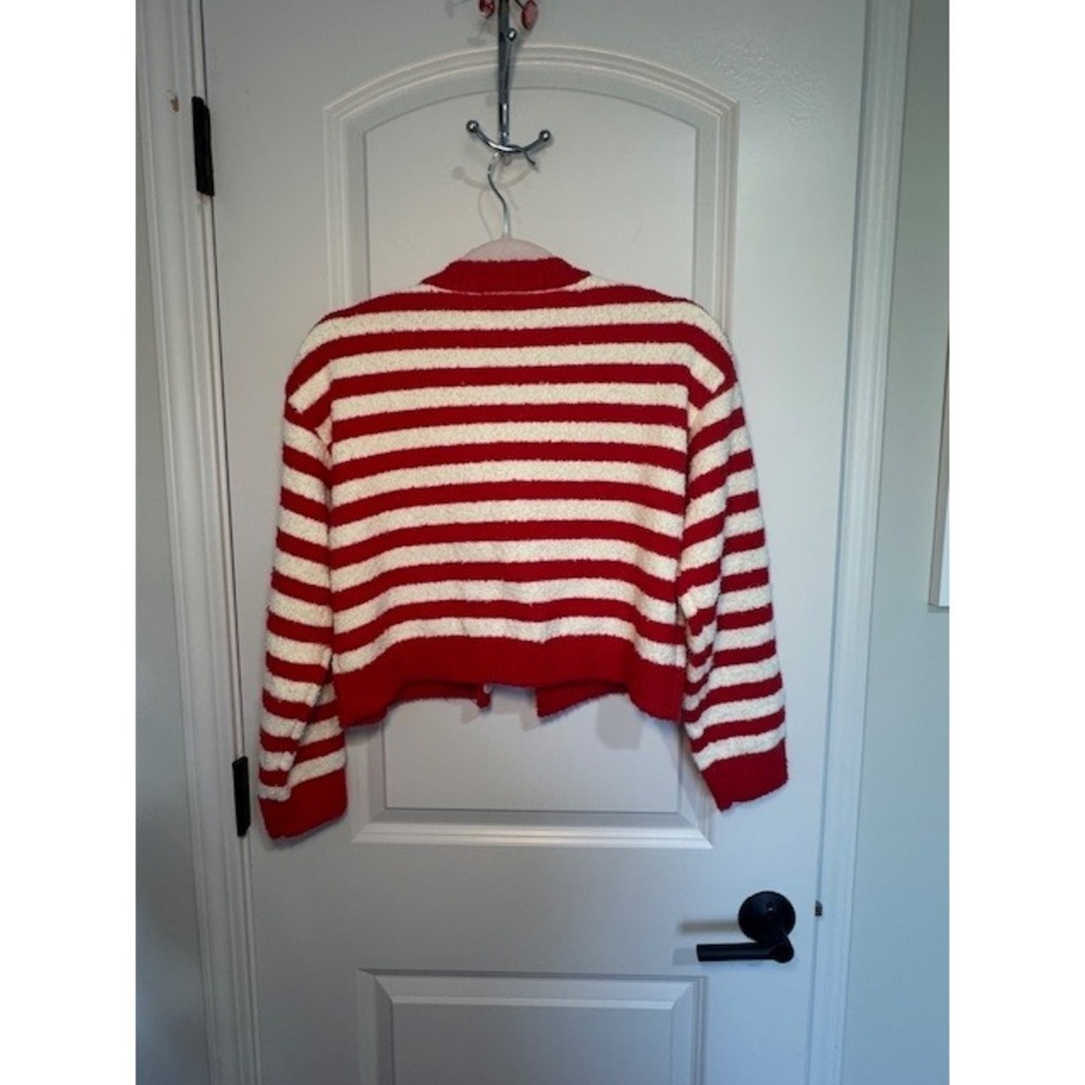 Lulus - Fuzzy Red White Striped Cropped Button Front Cardigan Sweater - Picture 5 of 5